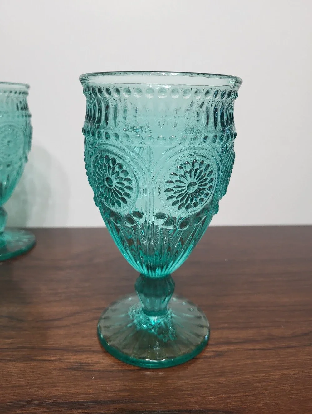The Pioneer Woman Adeline 12-Ounce Footed Glass Goblet in Turquoise, Set of 3